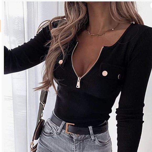 Deep V-Neck, Long Sleeve, Form-fitting, Pullover, Solid Zipper, T-shirt Top - Picture 3 of 7